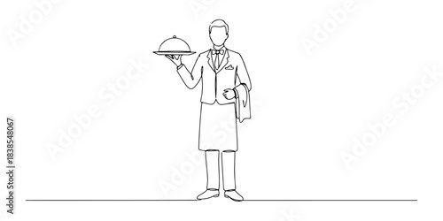 Continuous one line of a waiter with tray, representing service, hospitality, and elegance, hand drawn vector illustration.
