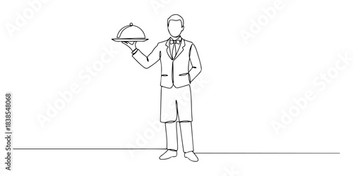 Continuous one line of a waiter with tray, representing service, hospitality, and elegance, hand drawn vector illustration.