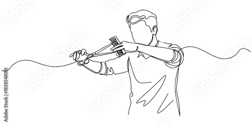 Continuous one line of a barber with scissors, symbolizing grooming, style, and creativity, hand drawn vector illustration.