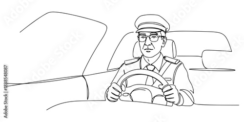 Continuous one line of a taxi driver with steering wheel, symbolizing transport, service, and city life, hand drawn vector illustration.