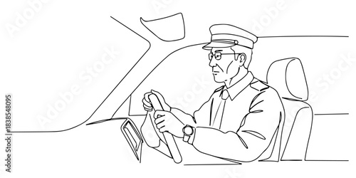 Continuous one line of a taxi driver with steering wheel, symbolizing transport, service, and city life, hand drawn vector illustration.