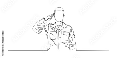 Continuous one line of a soldier saluting, symbolizing duty, service, and courage, hand drawn vector illustration.