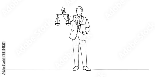 Continuous one line of a lawyer with scales of justice, representing rights, protection, and advocacy, hand drawn vector illustration.