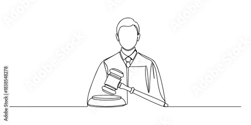 Continuous one line of a judge with gavel, symbolizing justice, fairness, and law, hand drawn vector illustration.