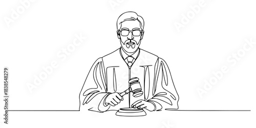 Continuous one line of a judge with gavel, symbolizing justice, fairness, and law, hand drawn vector illustration.