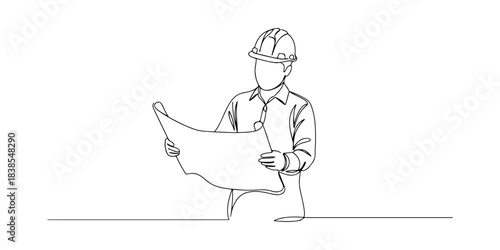 Continuous one line of an architect with blueprint, symbolizing design, innovation, and construction, hand drawn vector illustration.