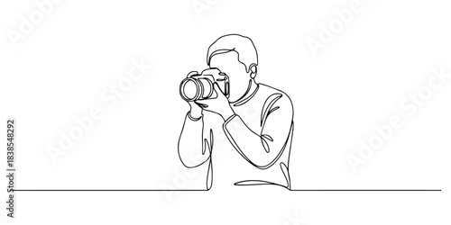 Continuous one line of a photographer with camera, symbolizing vision, creativity, and storytelling, hand drawn vector illustration.