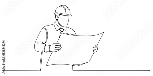 Continuous one line of an architect with blueprint, symbolizing design, innovation, and construction, hand drawn vector illustration.