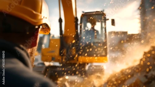 Heavy excavator demolishing old industrial building faceless operator controlling from cabin defocused concrete debris falling in background destruction work in progress urban