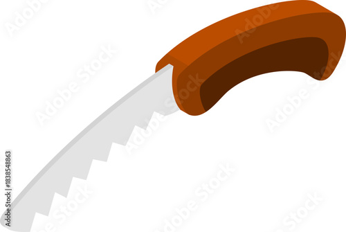 Vibrant graphic illustration of a versatile garden saw featuring a brown handle and sharp serrated blade, ideal for various cutting tasks