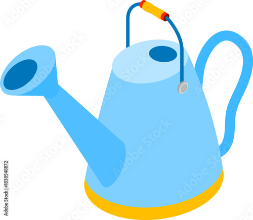 Blue watering can with a yellow base and handle, perfect for gardening and plant care illustrations