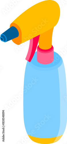 Creative Isometric Illustration of a Blue Spray Bottle with Yellow and Pink Accents