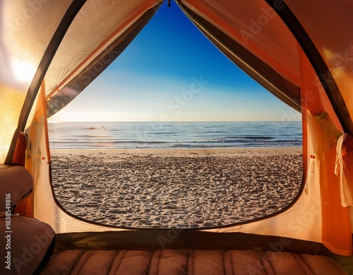 view from tent interior with sunny beach backdrop