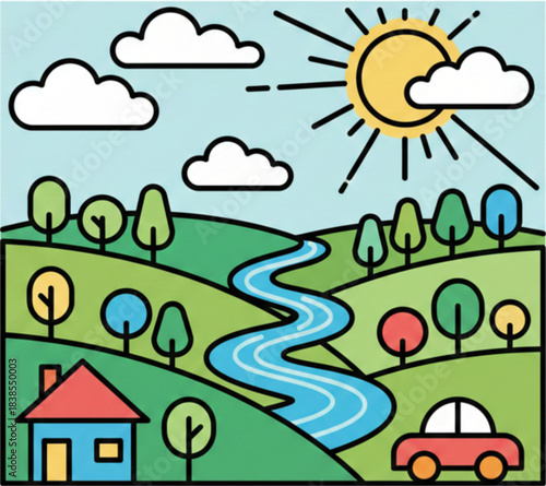 Scenic Illustration: A vibrant illustration depicts a serene countryside landscape, a gentle river meanders through rolling hills under a bright sun. A charming house and car add to the idyllic scene.