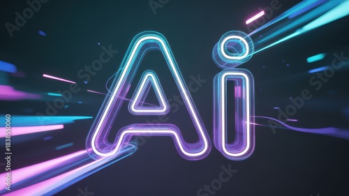 AI letters glow with neon outlines and dynamic motion trails on a dark background, suggesting speed, data flow and futuristic technology, with available space for text and design on the surrounding da