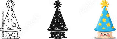 Cute sad little monster character wearing a blue birthday party hat with yellow stars, isolated on