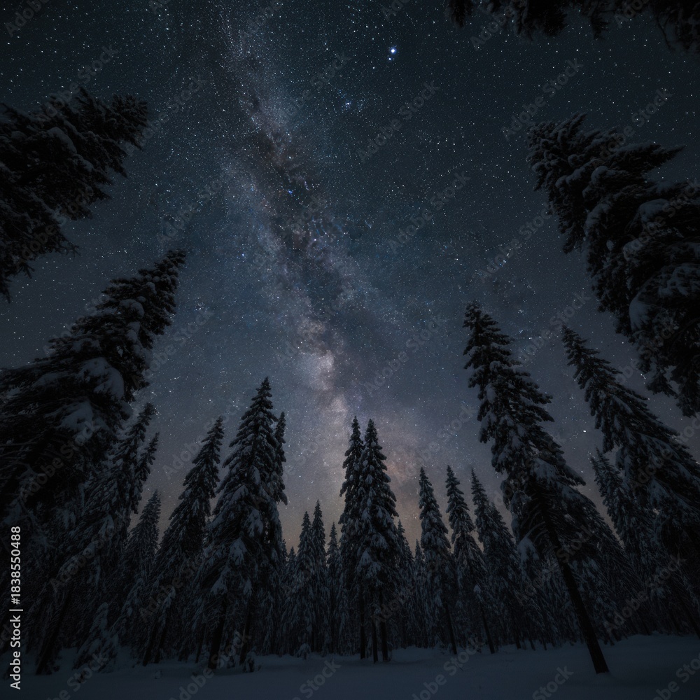 Fototapeta premium Awe-Inspiring Winter Night Sky: Looking Up at the Milky Way Galaxy Through a Forest of Snow-Covered Evergreen Trees