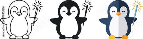 Cute happy penguin holding a magic wand with sparkling light, set of three styles outline, silhouette, flat color illustration isolated on