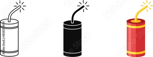 Set of three dynamite or firecracker icons with a lit fuse, isolated on