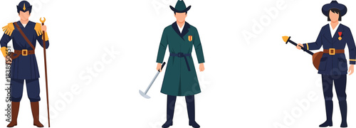 Three historical military or official figures in uniform with traditional hats and holding various objects, isolated on