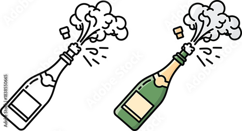 Champagne bottle popping cork and spraying foam, celebration concept, isolated on, hand drawn style illustration