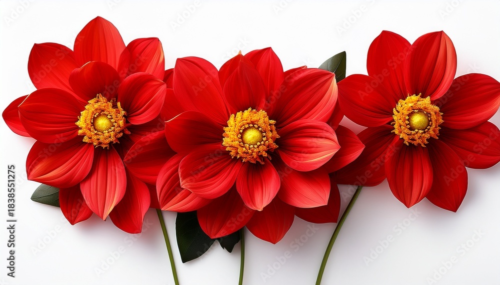 Fototapeta premium Vibrant Red Blossoms With Bright Yellow Centers On A White Background