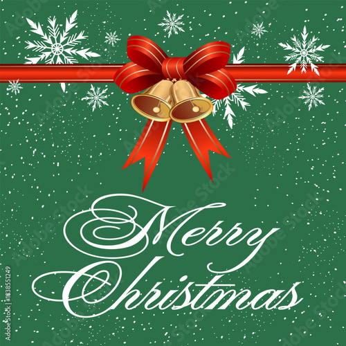 Green background with a bow and Christmas bells.Vector illustration with bow and Christmas bells on green background with text and snow.