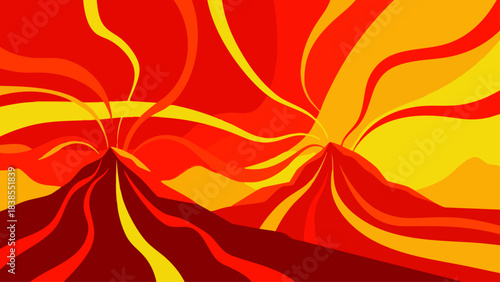Vibrant abstract illustration depicts two erupting volcanoes spewing fiery lava and smoke against a dramatic red and yellow sky.