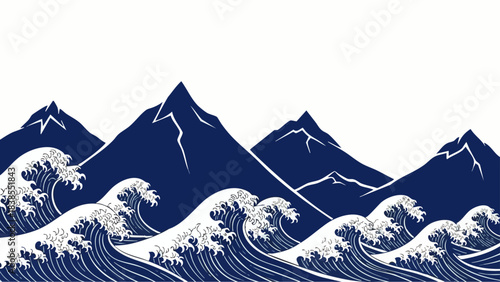 Stylized Japanese art depicts powerful ocean waves crashing against majestic, snow-capped mountains under a clear sky.