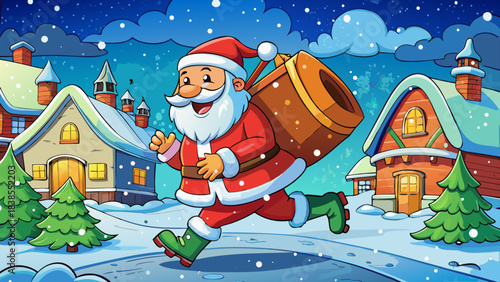 Very beautiful cheerful winter scene showing Santa Claus running through snowfall with a large gift bag, creating a joyful holiday atmosphere perfect for seasonal posters and festive illustrations.