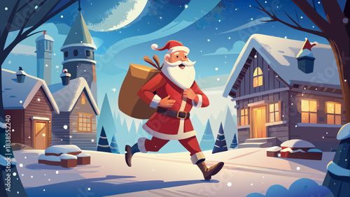 Very beautiful cheerful winter scene showing Santa Claus running through snowfall with a large gift bag, creating a joyful holiday atmosphere perfect for seasonal posters and festive illustrations.