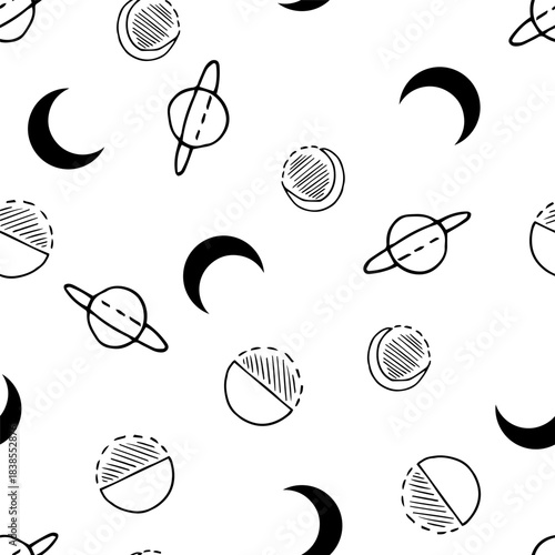 Hand Drawn Moon Planets Black and White Vector Seamless Pattern