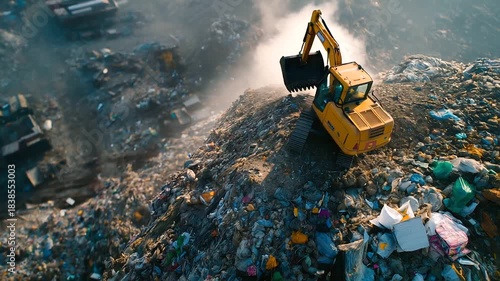 Aerial overhead view of large garbage waste pile faceless excavator machinery working on waste mountain defocused landfill site background environmental disposal operation wast