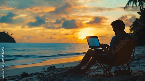 Digital nomad freelancer working from sea beach in laptop.