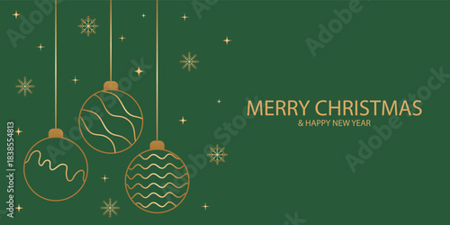 Merry Christmas balls isolated on dark green background for greeting Happy New Year cards, banners or posters, with three Christmas balls and gold snowflakes decorations. Vector Xmas flat illustration