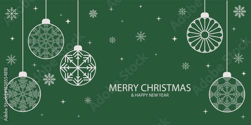 Merry Christmas balls banner isolated on green background for greeting Happy New Year cards or poster, with Christmas ball and white snowflakes decorations. Vector Xmas flat ornament illustration