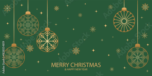 Merry Christmas balls banner isolated on green background for greeting Happy New Year cards or poster, with Christmas ball and gold snowflakes decorations. Vector Xmas flat ornament illustration
