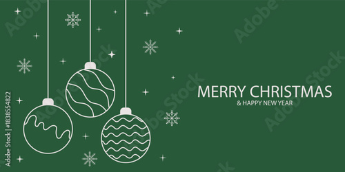 Green minimalist Christmas greeting card with hanging ornaments and delicate snowflakes, Merry Christmas Happy New Year message, elegant seasonal background ideal for holiday banners and invites.