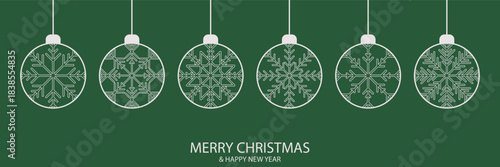 Merry Christmas ornaments with white snowflake on hanging baubles, isolated on clean green background and holiday greeting text, seasonal vector design ideal for cover, header, cards banners