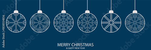 Merry Christmas ornaments with white snowflake on hanging baubles, isolated on clean blue background and holiday greeting text, seasonal vector design ideal for cover, header, cards banners