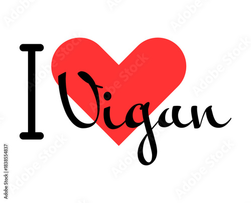 I love Vigan, city of Philippines. Hand drawn letters with red heart. Vector illustration lettering, modern design
