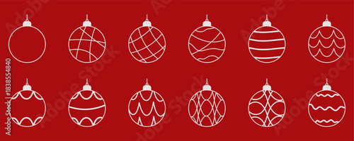 White vector line art ornaments and Christmas baubles icon pattern on isolated red background, simple winter holiday design for seasonal xmas cards wrapping paper banners and festive decor concepts.
