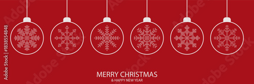 Merry Christmas ornaments with white snowflake on hanging baubles, isolated on clean red background and holiday greeting text, seasonal vector design ideal for cover, header, cards banners