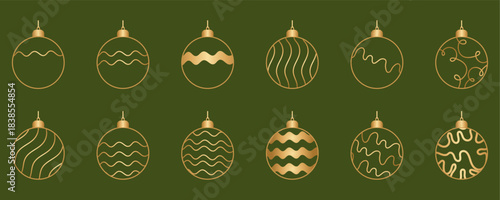 Elegant gold outlined Christmas ornaments isolated on olive green background, varied wavy and swirled bauble patterns, minimalist simple outline design ideal for winter holiday branding. Vector decor