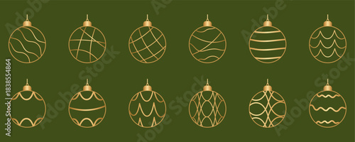 Elegant gold outlined Christmas ornaments isolated on olive green background, varied wavy and swirled bauble patterns, minimalist simple outline design ideal for winter holiday branding. Vector decor