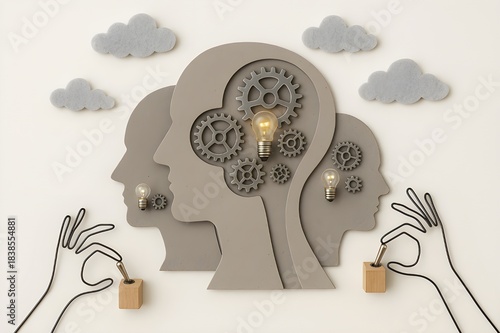 Conceptual Team Brainstorming with Wireframe Hands and Gears