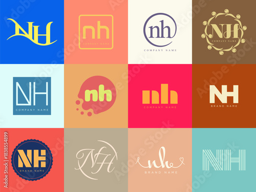NH logo company template. Letter n and h logotype. Set different classic serif lettering and modern bold text with design elements. Initial font typography.