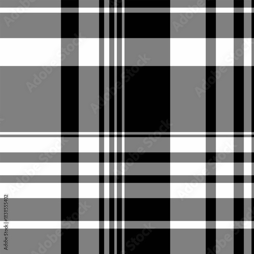 Asymmetric texture fabric check, scrap plaid vector background. Daisy pattern textile tartan seamless in gray and black colors.