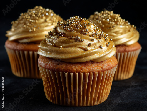 Three cupcakes with golden frosting and sweet sprinkles