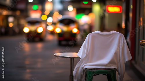 Fototapeta Naklejka Na Ścianę i Meble -  Urban evening scene with a white shirt casually draped over a green stool beside a small metallic table, captured against a backdrop of blurred city lights and distant tuk-tuks.